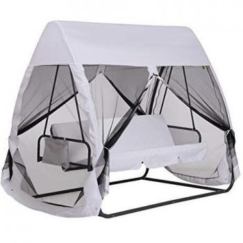 Balancín de Jardín Convertible 3 Plazas con Colchón de Asiento y Respaldo, Mosquitera Integral con Cremallera y Techo, Bolsa de Almacenamiento en Metal Epóxico Blanco