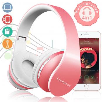 Auriculares,Auriculares Bluetooth Auriculares Inalámbricos Auriculares con Micrófono Cerrados Stereo con Función 4 en 1 Para Mujer Niña Compatible con IOS / Android Rosa