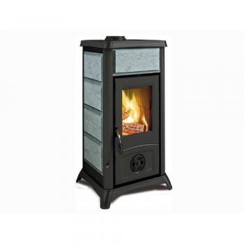 Estufa de Leña La Nordica Gemma 6 kW Independiente en Negro y Gris con Acabado en Piedra Natural