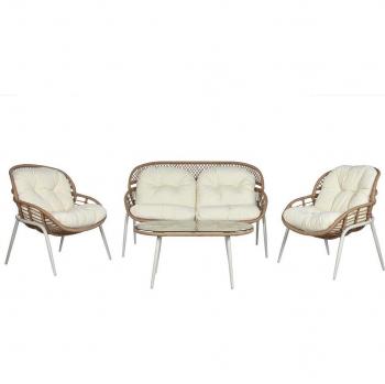 Conjunto de Mesa con 3 Sillones Home ESPRIT Blanco Negro Beige Metal Cristal Ratán Sintético 130 x 76 x 83 cm