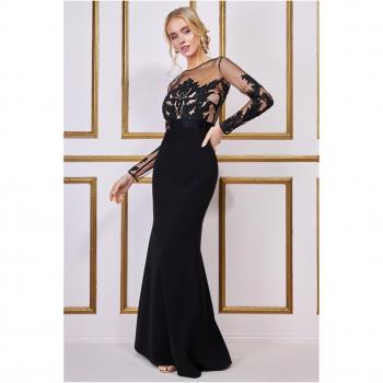 Goddiva Embroidered Mesh & Scuba Maxi Dress - Black