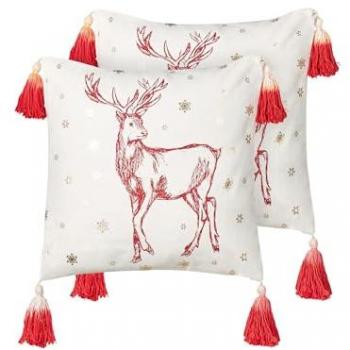 Conjunto de 2 cojines decorativos de algodón blanco y rojo con estampado navideño de renos, 45 x 45 cm, con borlas