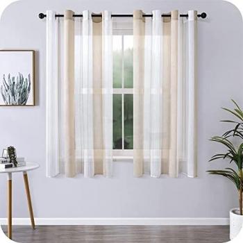 MRTREES 2 Piezas Cortinas Visillos Translúcidos Rayas de Dormitorio Moderno 140×175cm con Ojales para Ventanas Habitación Niño Salon Cocina Comedor Baño Beige+Blanca