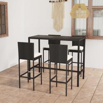 Mesa y taburetes altos de jardín con cojines, 5 piezas, ratán PE negro