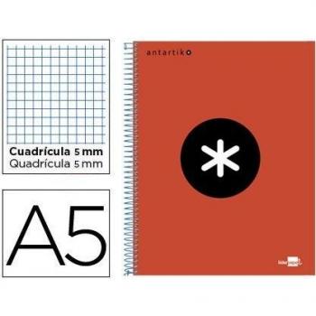Cuaderno espiral liderpapel A5 micro antartik tapa forrada 120h 100gr cuadro 5mm 5 bandas 6 taladros color rojo.