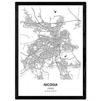 Póster Mapa de Nicosia, Chipre - Lámina en Color Negro de Ciudades Europeas con Mares y Ríos - Tamaño A3 Sin Marco