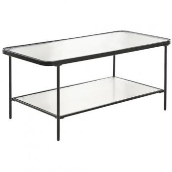 Mesa de centro retro rectangular con estructura de hierro, vidrio templado y estante negro Blair