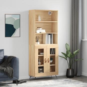 Aparador alto de madera contrachapada color roble 69,5x34x180 cm con 2 puertas de cristal, mueble de almacenaje para salón, buffet y armario auxiliar