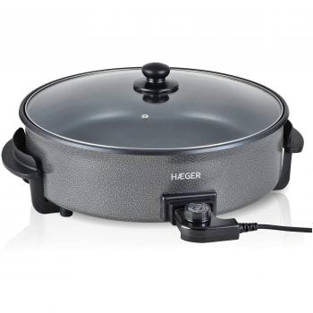 HAEGER Top Gourmet 42 - Paellera, Sartén Eléctrica para Paella y Pizza, Cazuela Multiusos con Tapa de Vidrio, 5 Niveles con termostato y Antiadherente