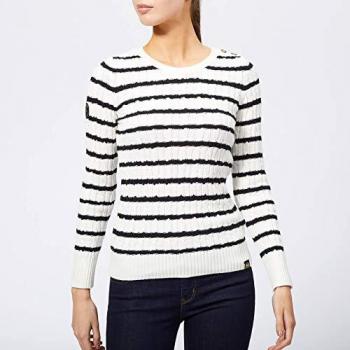 SUPERDRY Women's Croyde Bay Cable Knit Jumper - Cream/Navy Stripe - UK 8 - Blue