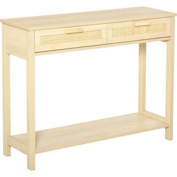 Mesa Consola de Entrada con 2 Cajones y Estante Inferior para Pasillo Salón Dormitorio de Estilo Cannage 100x30x76 cm Natural