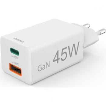 Cargador Rápido Hama 45W USB-C PD y USB-A QC, Mini Cargador Blanco