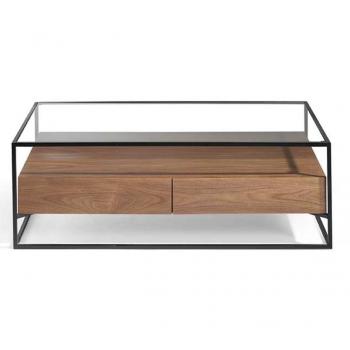 Mesa de centro Baliko 120 cm con 2 cajones en madera de nogal y patas de metal negro