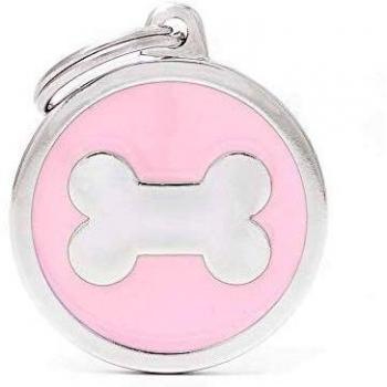 My Family Placa de Identificación personalizado para perro Made in Italy, Círculo de Hueso Rosa Grande, Placa de identificación de Perro Grabada Gratis, Esmaltada a Mano en Metal, Colección Classic, 32x37 mm