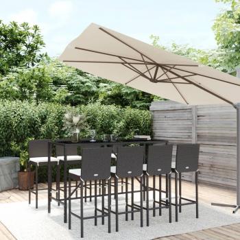 9-Piece Black Poly Rattan Outdoor Bar Set with Cushions