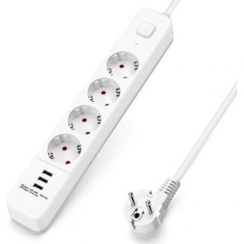 Regleta Enchufes Aigostar de 4 Enchufes con Interruptor, Cable de 1.5/3/5 Metros y 3 Puertos USB, Blanco