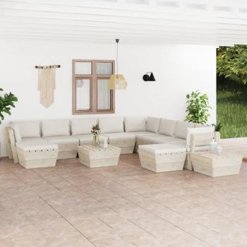 Muebles de jardín de palets 12 piezas con cojines de madera de abeto Crema