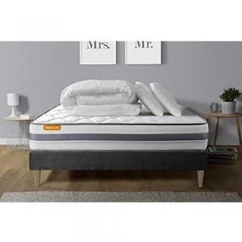 Pack Completo Cama 140x190cm - Colchón Memo Spring con Resortes Ensachados y Alta Espesor + Somier de Lamas + 2 Almohadas + Edredón Gris