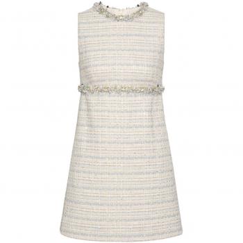Valentino Women's Embroidered Tweed Mini Dress in White | Size 40 | Crystal Embellished Tweed Dress