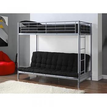 Cama alta 90 x 190 cm con banco convertible de metal plata y futón negro - Módulo V