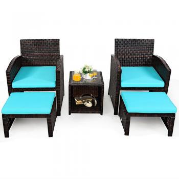 5-Piece Patio Rattan Wicker Furniture Set with Ottoman & Tempered Glass Coffee Table in Turquoise