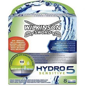 Wilkinson Sword Hydro 5 Sensitive - Recambio de Cuchillas de Afeitar de 5 Hojas para Hombres con Piel Sensible, Banda Lubricante Extra Hidratante, 8 Unidades