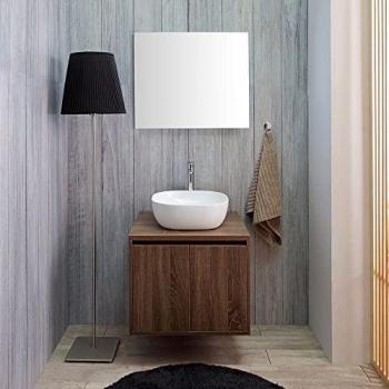 Mueble de Baño Suspendido Kiamami Valentina Noce Scuro 60Cm con Lavabo de Diseño y Espejo a Ras Siena, 2 Puertas Efecto Nogal, Medidas del Espejo 60
