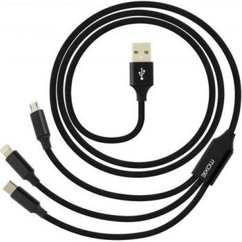 Cable Multipuerto Negro Moxie 3 en 1: Lightning, USB Tipo C y Micro USB 3 A