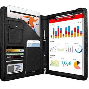 NEWYES Leather Zipper Conference Folder, A4, Travel Document Folder, Portfolio Travel Wallets, Personal Agenda Organizer Folder, Black