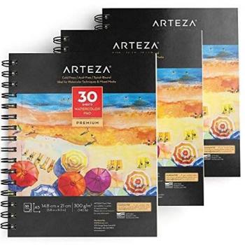 ARTEZA Bloc de dibujo para pintar acuarelas | Tamaño A5 | Pack de 3 blocs | 30 hojas x 3 | Papel de 300gsm prensado en frío | Libreta A5 con papel para pintura de acuarela y medios mixtos