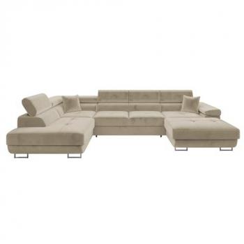 Sofá rinconero Comfivo S103 con función de descanso y caja de ropa de cama, 346x203x70cm, color marrón claro