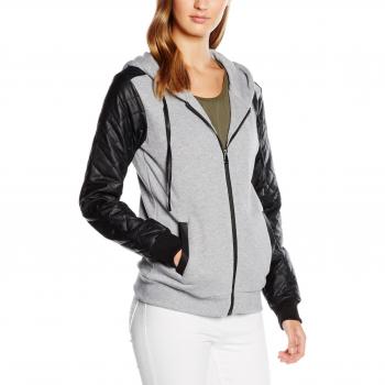 Urban Classics Ladies Diamond Leather Imitation Sleeve Zip Hoodie - Grey/Black