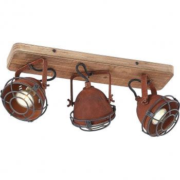Foco de techo Lindby Farovi industrial en óxido marrón, 3 luces GU10, hecho de madera para salón y comedor