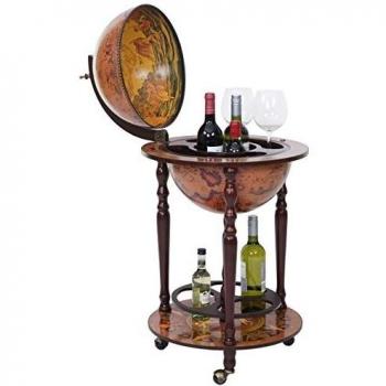 Minibar Globo HWC-T874, Carrito con Ruedas de Madera de Eucalipto, Botellero Decorativo y Elegante