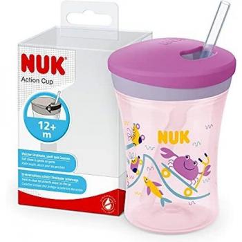 Taza NUK Action Cup con pajita blanda, a prueba de fugas, 230ml, para niños a partir de 12 meses, color púrpura