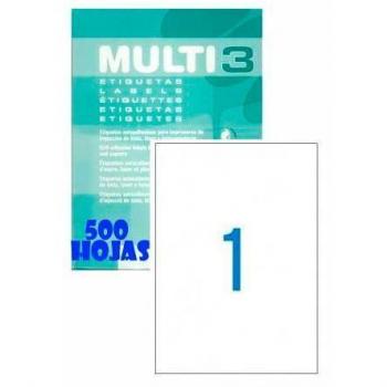 Multi3 04743 Etiquetas Autoadhesivas Blancas, Tamaño Din A4 (210x297mm), Cantos Rectos, Adhesivo Permanente, Caja de 500 Hojas