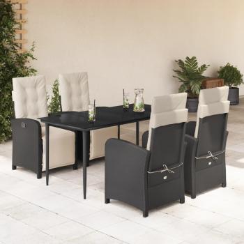 5 Piece Black Poly Rattan Garden Dining Set with Cushions