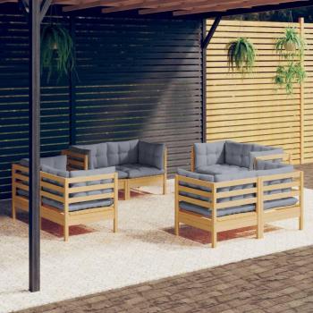 8-Piece Pinewood Garden Lounge Set with Gray Cushions