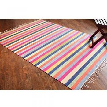 Alfombra de tejido reversible tejido 100% algodón orgánico con tintes vegetales. Estampado a rayas multicolor. Tapete. Medidas: 150x210cm