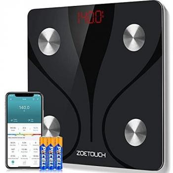 ZOETOUCH Báscula de Grasa Corporal, Bascula de Baño Bluetooth, Balanza Peso Corporal inteligente, Alta Precisión 180kg/400lbs, Análisis 14 Funciones, Exportar datos como Excel - negro