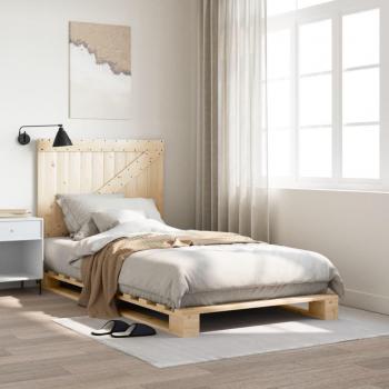 Marco de cama redondo con cabecero 100x200 cm de madera maciza de pino, color marrón