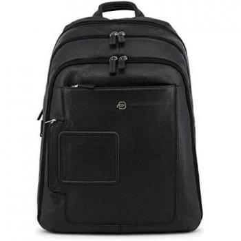 Piquadro Black Leather Backpack with Multiple Compartments, Male, Size: ONE SIZE