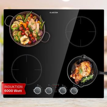 Klarstein Kochheld Placa de Inducción 4 Zonas 6000W con Perillas de Control Vidrio Negro