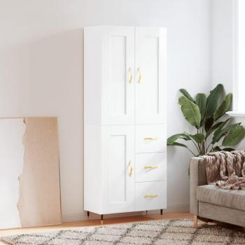 Aparador alto de madera contrachapada blanco brillo 69,5x34x180 cm con 1 puerta de madera y 3 cajones, mueble de almacenaje para salón, buffet y armario auxiliar