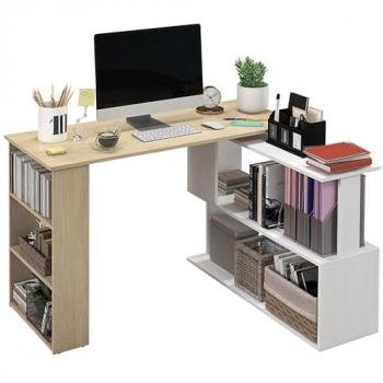 HOMCOM Escritorio Esquinero Giratorio en L con Estantería, Mesa de Escritorio con Estantes para Oficina/Estudio, Dimensiones: 120x110x74.5 cm, Color Natural y Blanco