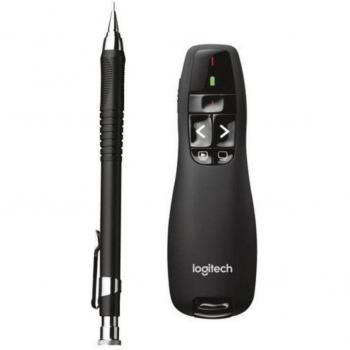 Logitech R400 Wireless Presenter con puntero láser rojo, controles de diapositivas integrados, alcance inalámbrico de 15 metros y receptor USB Plug-and-Play