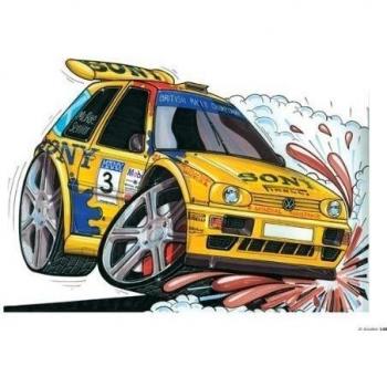 148 - Coche de rally de VW Golf MK II amarillo, azul y rojo