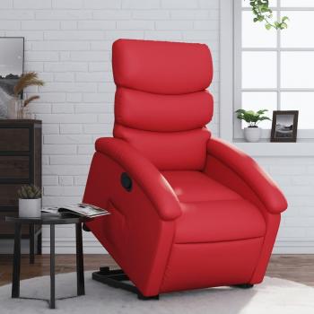 Sillón reclinable elevable de cuero artificial rojo con características de reposabrazos, respaldo ajustable y función de elevación