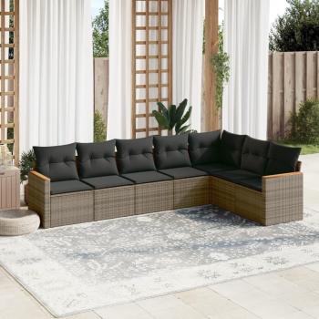 7-Piece Grey Poly Rattan Garden Sofa Set with Cushions