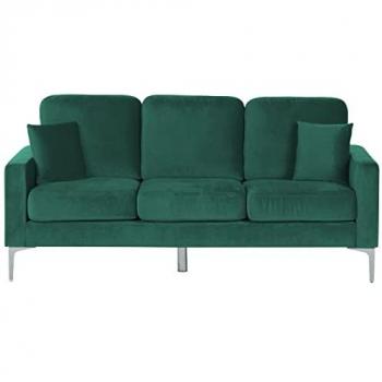 Sofá de 3 plazas en terciopelo verde esmeralda con asiento y respaldo acolchado, patas de metal y cojines